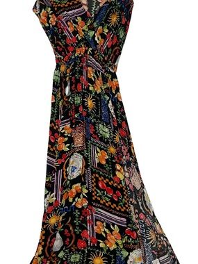 Black Floral & Fruit Maxi Dress - Sleeveless Wrap Style